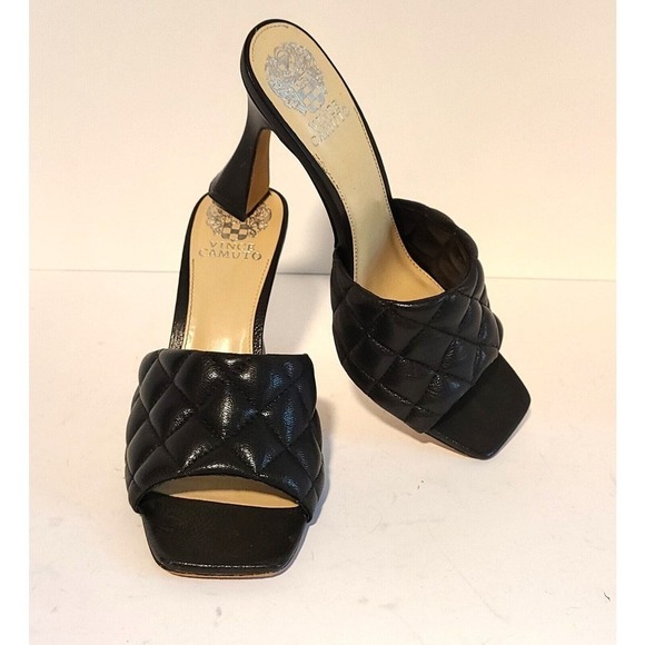 Vince Camuto Shoes - VINCE CAMUTO WOMEN'S RESELM SLIDES SANDALS BLACK QUILTED LEATHER HIGH HEEL 8.5 M